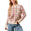 imageCHARTOU Women Plaid Stripes Knit Pullover Sweater Fall Crew Neck Long Sleeve Vacation Jumper TopsWhite