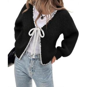 imageCHARTOU Women Cute Front Bow Tie Cardigan Contrast Trim Chunky Knit Crop Cardigan SweaterBlack