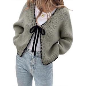 imageCHARTOU Women Cute Front Bow Tie Cardigan Contrast Trim Chunky Knit Crop Cardigan SweaterGrey