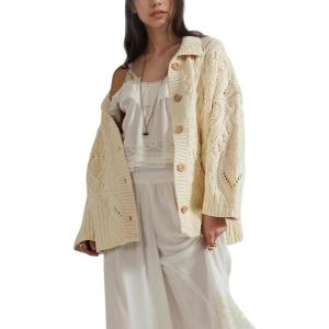 imageCHARTOU Women Fall Winter Chunky Cable Knit Cardigan Sweater Oversized Lapel Button Down Outwear Coat JacketBeige