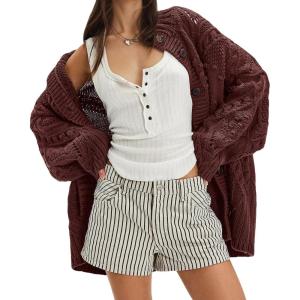 imageCHARTOU Women Fall Winter Chunky Cable Knit Cardigan Sweater Oversized Lapel Button Down Outwear Coat JacketCoffee