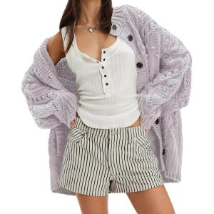 imageCHARTOU Women Fall Winter Chunky Cable Knit Cardigan Sweater Oversized Lapel Button Down Outwear Coat JacketPurple