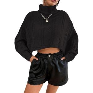 imageCHARTOU Women Long Sleeve Knitted Crop Turtleneck Sweater Cropped Knit Sweater Jumper Top PulloverBlack