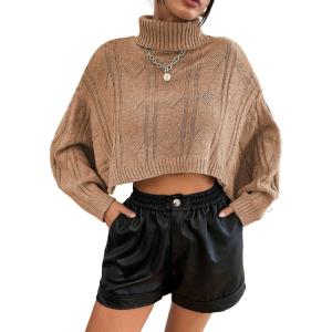imageCHARTOU Women Long Sleeve Knitted Crop Turtleneck Sweater Cropped Knit Sweater Jumper Top PulloverKhaki