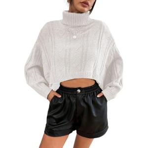 imageCHARTOU Women Long Sleeve Knitted Crop Turtleneck Sweater Cropped Knit Sweater Jumper Top PulloverWhite