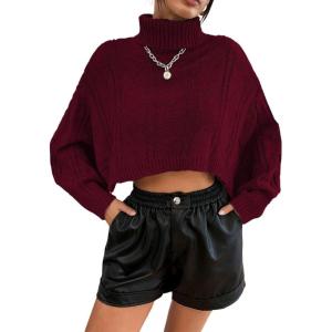 imageCHARTOU Women Long Sleeve Knitted Crop Turtleneck Sweater Cropped Knit Sweater Jumper Top PulloverWine Red