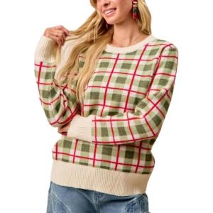 imageCHARTOU Women Plaid Stripes Knit Pullover Sweater Fall Crew Neck Long Sleeve Vacation Jumper TopsGreen