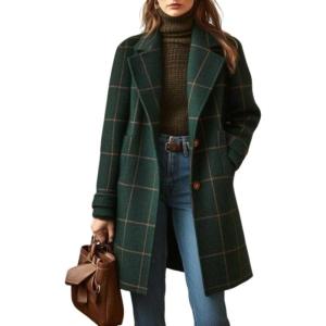 imageCHARTOU Women Plaid Wool Pea Coat Vintage Winter Notched Lapel Single Breasted Midi Trench Overcoat Outwear JacketGreen