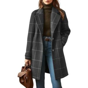 imageCHARTOU Women Plaid Wool Pea Coat Vintage Winter Notched Lapel Single Breasted Midi Trench Overcoat Outwear JacketGrey