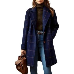 imageCHARTOU Women Plaid Wool Pea Coat Vintage Winter Notched Lapel Single Breasted Midi Trench Overcoat Outwear JacketNavy