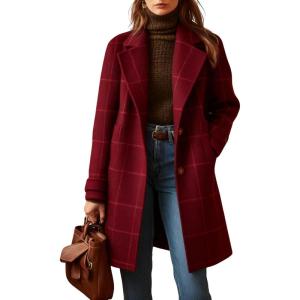 imageCHARTOU Women Plaid Wool Pea Coat Vintage Winter Notched Lapel Single Breasted Midi Trench Overcoat Outwear JacketRed