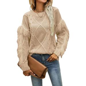 imageCHARTOU Womens Elegant Long Sleeve Tassel Fringe Cable Knit Sweater Jumper TopApricot