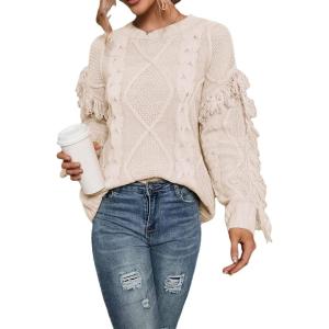 imageCHARTOU Womens Elegant Long Sleeve Tassel Fringe Cable Knit Sweater Jumper TopBeige