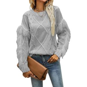 imageCHARTOU Womens Elegant Long Sleeve Tassel Fringe Cable Knit Sweater Jumper TopGrey