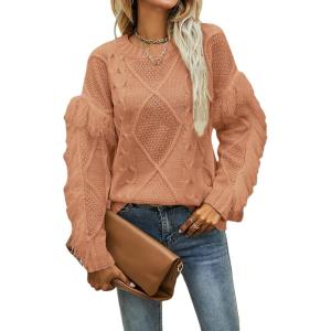 imageCHARTOU Womens Elegant Long Sleeve Tassel Fringe Cable Knit Sweater Jumper TopOrange