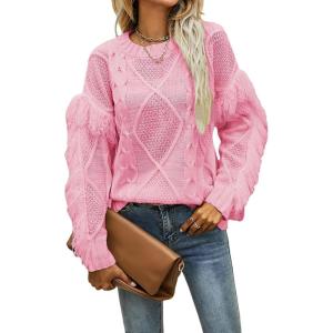 imageCHARTOU Womens Elegant Long Sleeve Tassel Fringe Cable Knit Sweater Jumper TopPink