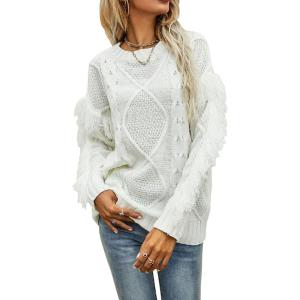 imageCHARTOU Womens Elegant Long Sleeve Tassel Fringe Cable Knit Sweater Jumper TopWhite