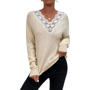 imageCHARTOU Womens Fall Sexy Crochet Lace v Neck Loose Fit Lightweight Sweater Pullover TopsBeige