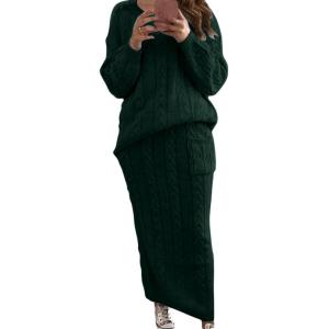imageCHARTOU Womens Winter Chunky Cable Knit Long Skirt 2 Piece Outfit Sweater SetsGreen