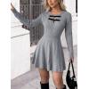 imageCHARTOU Women Bow Tie Cable Mini Sweater Dress Crewneck Long Sleeve Cinched Waist Knitted Short DressGrey