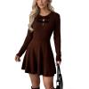 imageCHARTOU Women Bow Tie Cable Mini Sweater Dress Crewneck Long Sleeve Cinched Waist Knitted Short DressCoffee