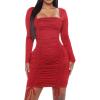 imageCHARTOU Women Long Sleeve Ruched Bodycon Mini Dress Cocktail Party Square Neck Skinny Tight DressRed