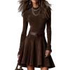 imageCHARTOU Womens Fall Winter Short Dress Long Sleeve Mock Neck Ruffle Slim Fit Belted Faux Suede DressesCoffee