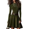 imageCHARTOU Womens Fall Winter Short Dress Long Sleeve Mock Neck Ruffle Slim Fit Belted Faux Suede DressesDark Green