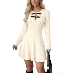 imageCHARTOU Women Bow Tie Cable Mini Sweater Dress Crewneck Long Sleeve Cinched Waist Knitted Short DressBeige