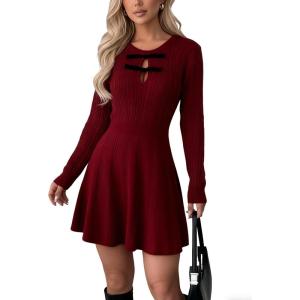 imageCHARTOU Women Bow Tie Cable Mini Sweater Dress Crewneck Long Sleeve Cinched Waist Knitted Short DressWine Red