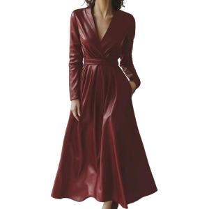 imageCHARTOU Women PU Faux Leather Long Sleeve Dress Deep V Neck Flowy Night Out Party Dress with BeltWine