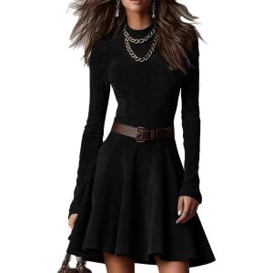 imageCHARTOU Womens Fall Winter Short Dress Long Sleeve Mock Neck Ruffle Slim Fit Belted Faux Suede DressesBlack