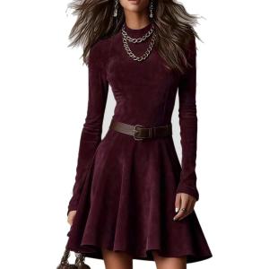 imageCHARTOU Womens Fall Winter Short Dress Long Sleeve Mock Neck Ruffle Slim Fit Belted Faux Suede DressesBurgundy