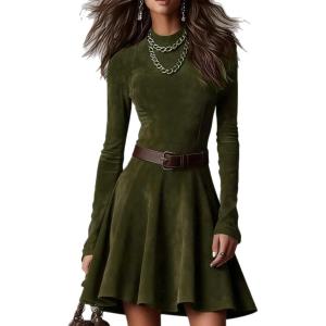 imageCHARTOU Womens Fall Winter Short Dress Long Sleeve Mock Neck Ruffle Slim Fit Belted Faux Suede DressesDark Green