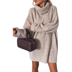 imageCHARTOU Womens Turtleneck Oversized Long Sweater Dress Tunic Pullover Knit Winter DressesApricot