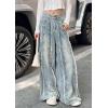 imageCHARTOU Women Frayed Denim Wide Leg Pants Casual Loose Patchwork Mid Rise Flared Straight Baggy JeansLight Blue