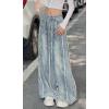 imageCHARTOU Women Frayed Denim Wide Leg Pants Casual Loose Patchwork Mid Rise Flared Straight Baggy JeansLight Blue