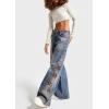 imageCHARTOU Women High Rise Baggy Jeans Floral Embroidered Ankle Pants Wide Leg Boyfriend Distressed Denim JeansRetro Blue