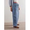 imageCHARTOU Women Mid Waist Drawstring Barrel Jeans Baggy Denim Jeans Wide Leg Distressed Patchwork Harem PantsBlue