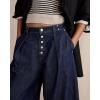 imageCHARTOU Womens Button Up Baggy Jeans Casual Straight Wide Leg Denim Pants Pleated High Rise Cropped JeansDark Blue