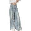 imageCHARTOU Women Frayed Denim Wide Leg Pants Casual Loose Patchwork Mid Rise Flared Straight Baggy JeansLight Blue