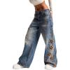 imageCHARTOU Women High Rise Baggy Jeans Floral Embroidered Ankle Pants Wide Leg Boyfriend Distressed Denim JeansRetro Blue