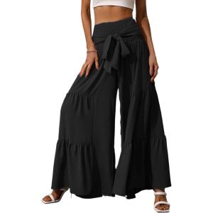 imageCHARTOU Flowy Wide Leg Palazzo Pants for Women High Waist Smocked Trousers Tie Boho Flare Beach Pants CulottesBlack