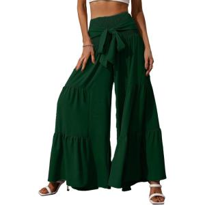 imageCHARTOU Flowy Wide Leg Palazzo Pants for Women High Waist Smocked Trousers Tie Boho Flare Beach Pants CulottesGreen