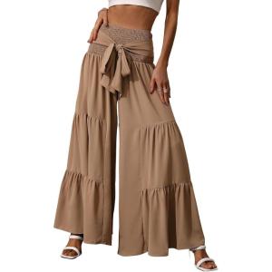imageCHARTOU Flowy Wide Leg Palazzo Pants for Women High Waist Smocked Trousers Tie Boho Flare Beach Pants CulottesKhaki