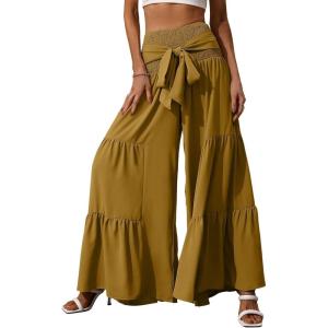 imageCHARTOU Flowy Wide Leg Palazzo Pants for Women High Waist Smocked Trousers Tie Boho Flare Beach Pants CulottesYellow
