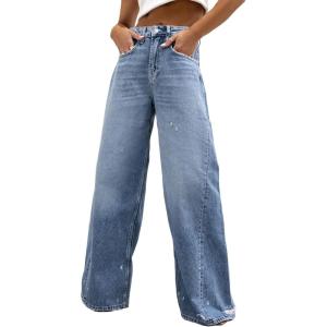 imageCHARTOU Lightweight Summer Vintage Wide Leg Jeans for Women Distressed Washed Denim PantsBlue