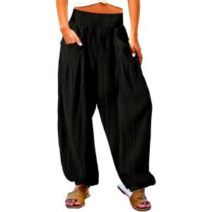 imageCHARTOU Summer Wide Leg Sweatpants Women Palazzo Pants Loose Elastic Waist Lounge Slacks Beach Pants with PocketsBlack
