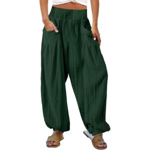 imageCHARTOU Summer Wide Leg Sweatpants Women Palazzo Pants Loose Elastic Waist Lounge Slacks Beach Pants with PocketsBlackish Green