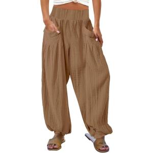 imageCHARTOU Summer Wide Leg Sweatpants Women Palazzo Pants Loose Elastic Waist Lounge Slacks Beach Pants with PocketsBrown
